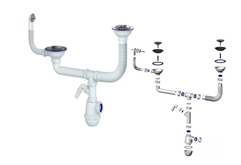 Сифон двойной GRAND+ 3 1/2" телескоп. труб. с поворот. чашей, круг перелив. и отвод (СН 3143-11-40)